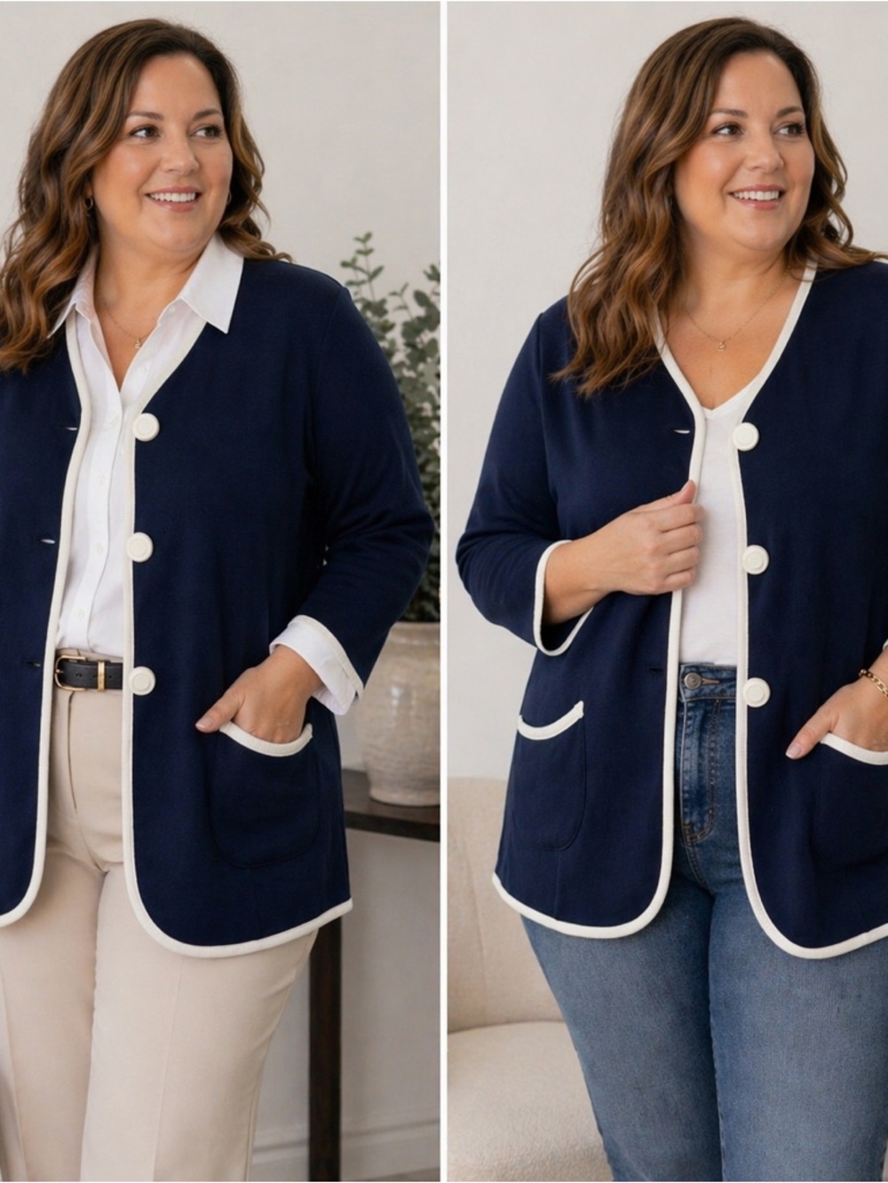 Bob Mackie Navy Cardigan with White Trim and Large Buttons